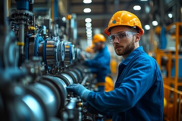 Worker in safety gear monitors machinery in a factory during evening shift