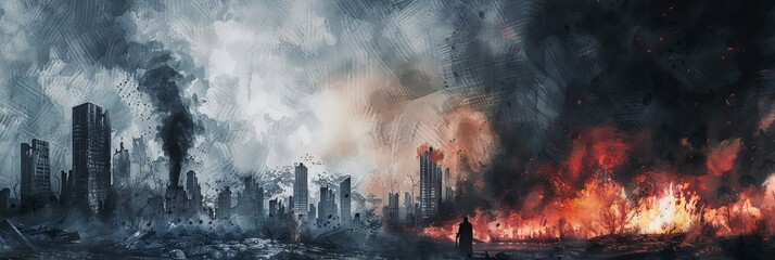 Nuclear war the end of the world apocalyptic doomsday watercolor paints art background