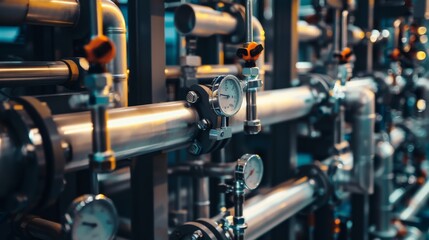 Industrial pipes and gauges form an intricate network, presenting a technical and mechanical aesthetic with metallic and utilitarian charm.