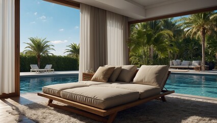 Fototapeta premium Luxurious poolside lounge area with comfy seating