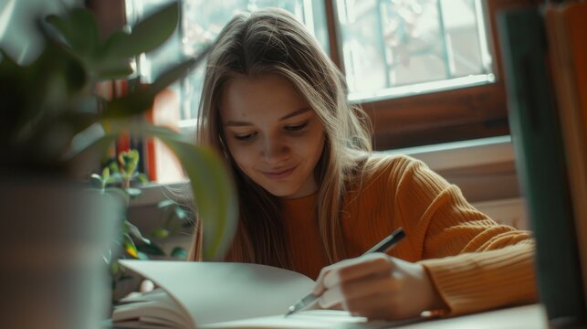 A young woman studying intently at a desk by a sunlit window, surrounded by books and plants, reflecting dedication and a serene learning environment.