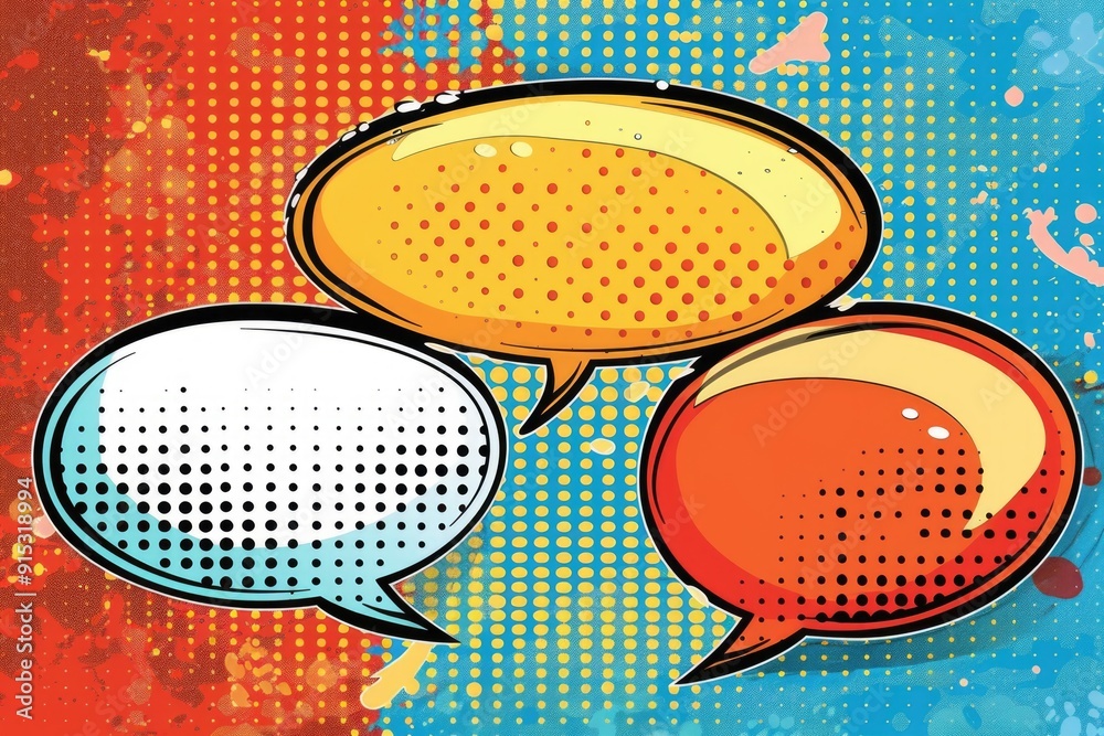 Poster Three vibrant speech bubbles on a bright background, ideal for illustrating conversation or dialogue