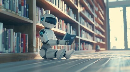 An adorable humanoid robot sits on the floor, engrossed in reading a book amidst tall bookshelves, blending technology with traditional learning.