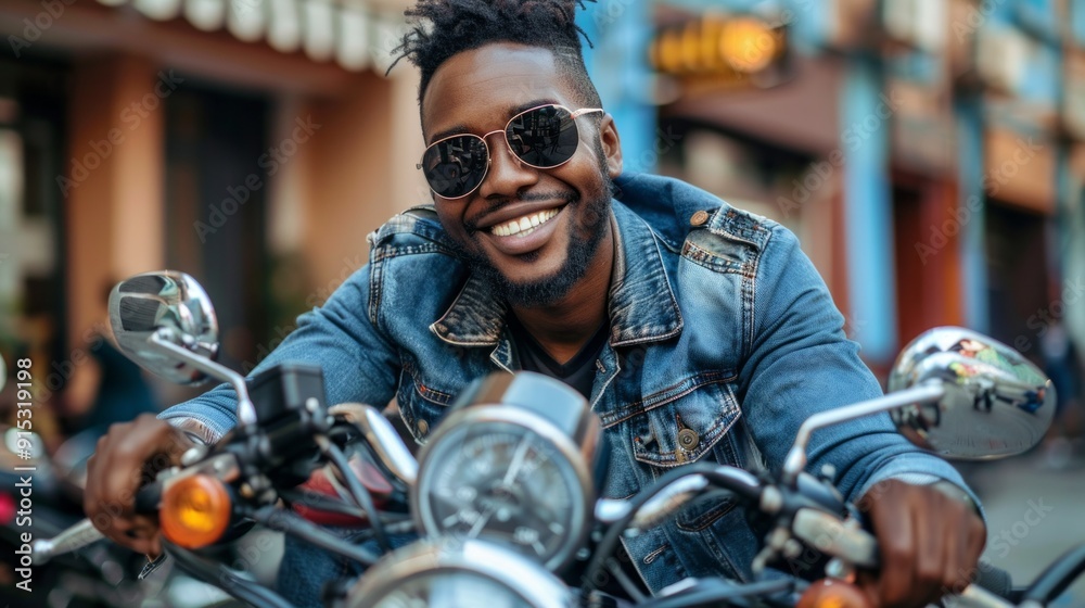 Poster a man with a beard and sunglasses is smiling while sitting on a motorcycle
