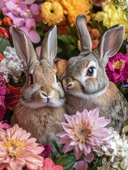 Rabbits in field of flowers