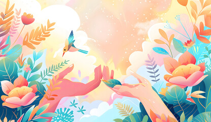 The paper art style of hand-holding trees and plants with deer, saves the planet and the energy concept. paper art. Illustrations design