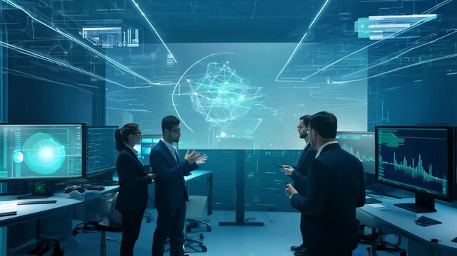 business people in a high-tech office discussing data on a digital screen