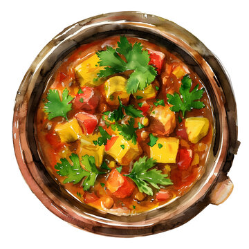 Dhansak : Indian curry made with meat, lentils, and vegetables, with a mild sweet flavor, colorful, full body, isolate on white background, watercolor illustration
