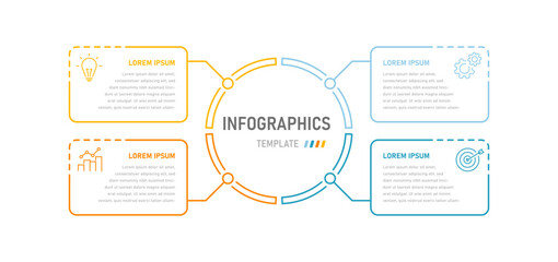 Modern thin linear infographics consisting of four stages with changeable icons. Infographic template for presentations, website