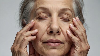 Fototapeta premium Elderly woman with hands on face and closed eyes, peaceful.
