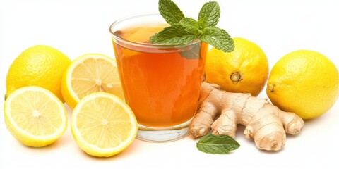 Refreshing Lemon Ginger Tea with Mint Leaves, Surrounded by Fresh Lemons and Ginger, Set against a White Background - Exuding Health and Vitality for Beverage and E-commerce Advertising