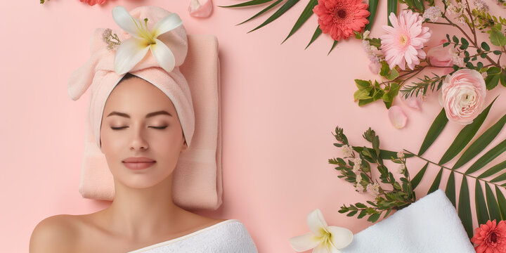 Woman with a towel on her head lies on a pink surface with tropical leaves and flowers around. Mockup advertising banner for female spa treatments and beauty products.