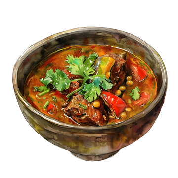 Dhansak : Indian curry made with meat, lentils, and vegetables, with a mild sweet flavor, colorful, full body, isolate on white background, watercolor illustration