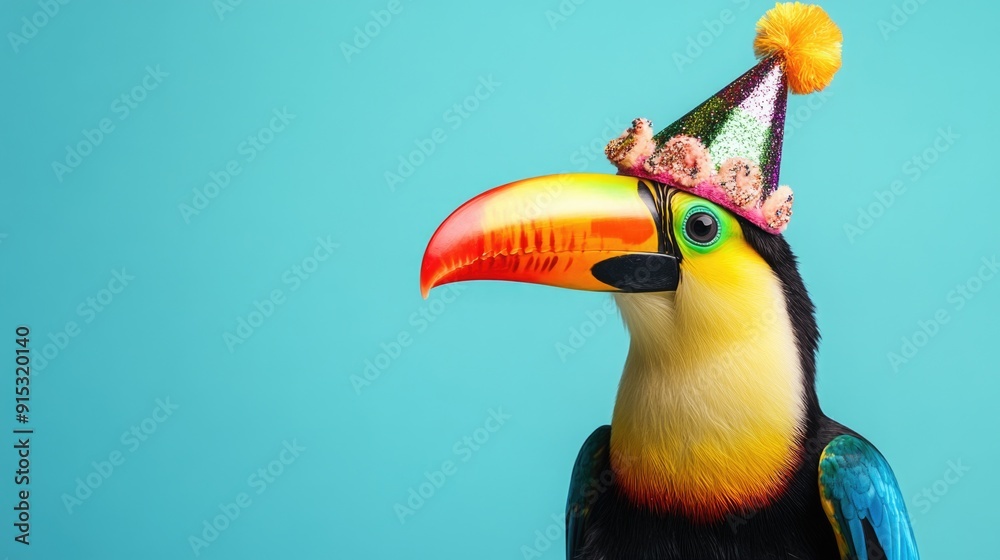 Wall mural Brightly Colored Bird Wearing Party Hat