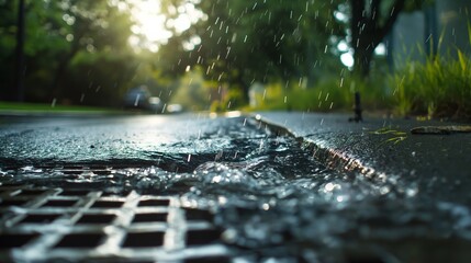 Blurred storm drainage grate on a city street during the rain. Flow of water and puddles on the road.