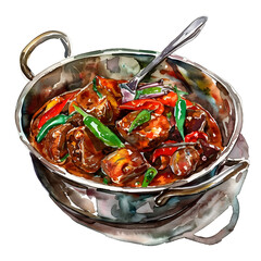Vindaloo : Spicy Indian curry made with pork or other meats and hot spices, colorful, full body, isolate on white background, watercolor illustration