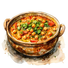Chole : Indian curry made with chickpeas and a variety of spices, rich in flavor, colorful, full body, isolate on white background, watercolor illustration