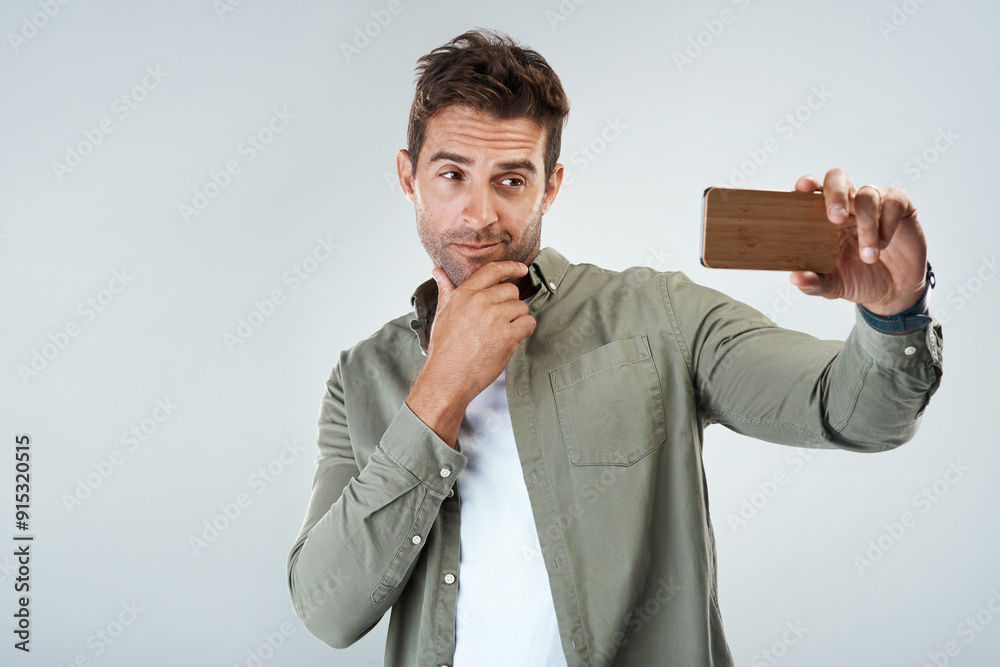 Aufkleber attitude, fashion and selfie with man in studio on white background for post or status update. app, 