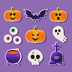 Naklejka premium Halloween sticker set. Pumpkin, ghost, bat. Vector illustration in cut paper style