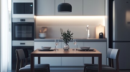 A minimalist kitchen with a sleek dining table set for two. The table is clean and modern, with a simple centerpiece adding a touch of elegance.