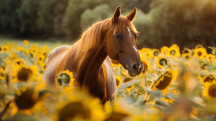 Beautiful bay horse in a field of sunflowers.