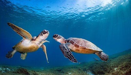 A couple of sea turtles swimming gracefully in clear blue water.