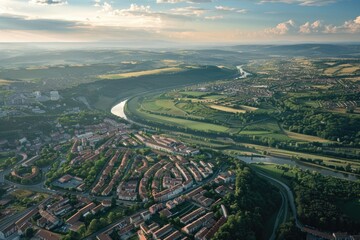 Aerial view of a city with a river flowing through, urban landscape