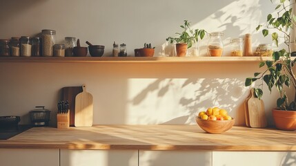 A minimalist yet cozy kitchen with open shelving, a wooden counter, and a bowl of fresh fruit. The space is clean, bright, and welcoming.