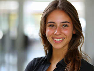 Obraz premium portrait of a cheerful saleswoman standing in front of the workplace. AI generated