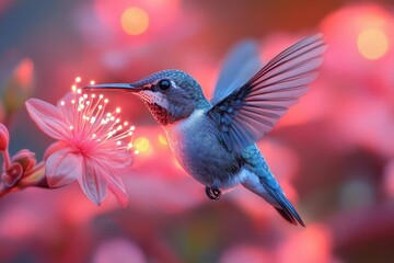 Fototapeta premium iridescent hummingbird midflight wings a blur of motion approaching an exotic neon flower bioluminescent plants create a magical night garden scene