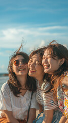 海で友達とはしゃぐ日本の若い女性達の縦型写真