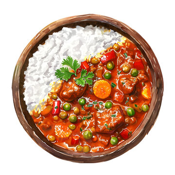 Dhansak : Indian curry made with meat, lentils, and vegetables, with a mild sweet flavor, colorful, full body, isolate on white background, watercolor illustration