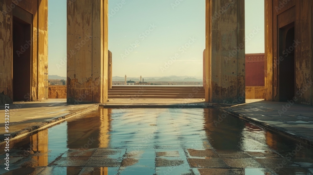 Aufkleber a small pool of water on the ground outside a building, suitable for use in architectural or urban d