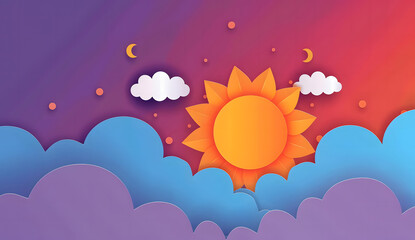 Obraz premium Realistic 3d papercut blue sky view on an isolated white background. Modern paper craft art scene of the sun in day clouds. Children's nursery or travel concept. paper art design
