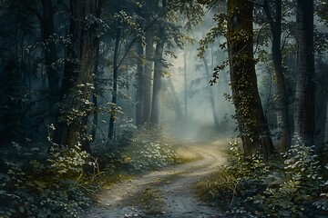 Obraz premium A tranquil, foggy forest path, soft light filtering through the trees, creating an ethereal, otherworldly atmosphere, inviting exploration and quiet reflection