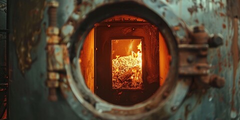 Fototapeta premium View of the fire in the combustion chamber of a coal fired stoker boiler from the window