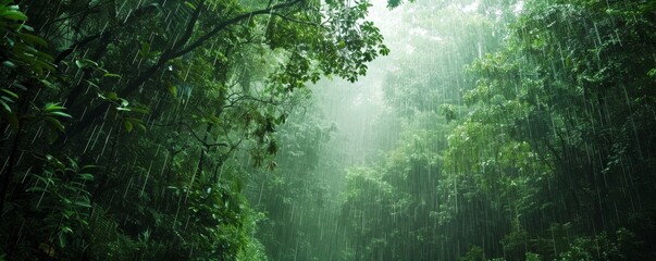 A serene rainforest scene with lush greenery and gentle rain, evoking tranquility and the beauty of nature.