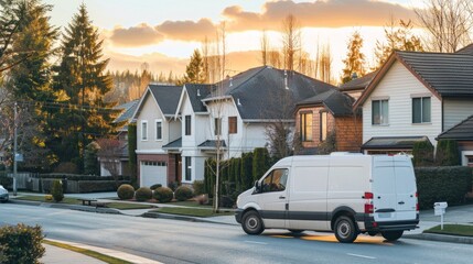 Commercial van delivers cargo to suburban custmers. Shipping parcels goods and orders in the countryside. Light duty truck