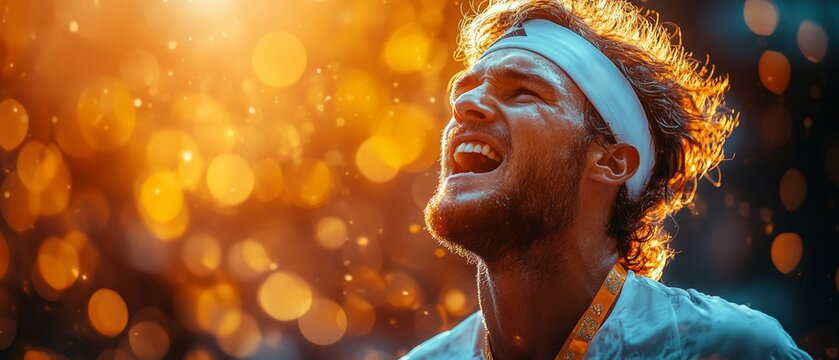 Joyful athlete celebrating victory, basking in sunlight, with an energetic and passionate expression amidst a vibrant background.
