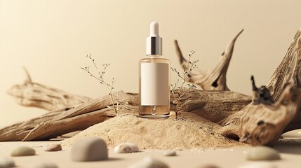 Luxury Skincare/Cosmetics Bottle on Natural Sand and Wood Background


Premium skincare bottle displayed on sand with driftwood and natural elements, an elegant and earthy scene. Commercial