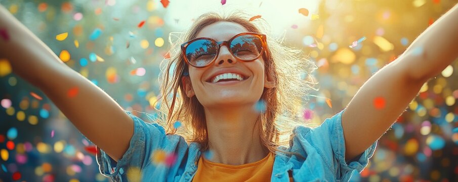 Joyful woman celebrating with confetti, wearing sunglasses, immersed in vibrant colors and smiles during a festive event.