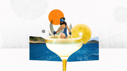 Poster. Contemporary art collage. Woman in snorkel gear emerges from cocktail glass by ocean, blending tropical adventure with refreshing drink. Concept of celebration and sport events, party. Ad