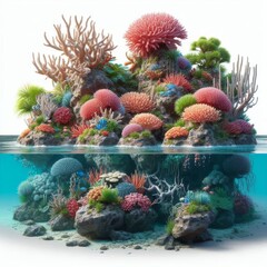 A tropical coral reef on rocks isolated on a white background
