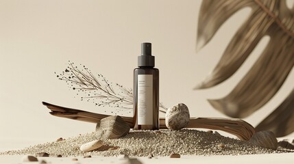 Luxury Skincare/Cosmetics Bottle on Natural Sand and Wood Background


Premium skincare bottle displayed on sand with driftwood and natural elements, an elegant and earthy scene. Commercial