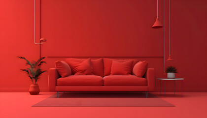 Obraz premium Red background interior with light-colored sofa solid color style. isolated on a solid red background. Illustrations design