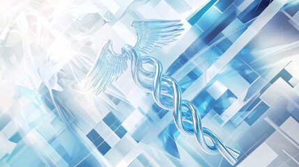 A 3D illustration of the Caduceus symbol within a blue and white abstract medical background