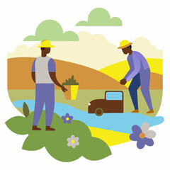 Two tall men are picking tea at the plantation vector illustration 