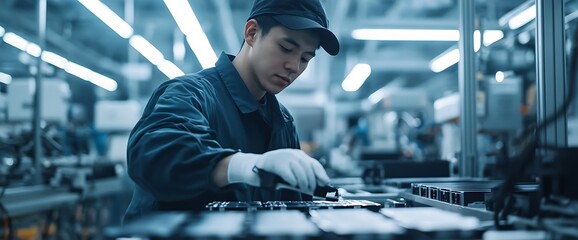 Focused Worker Assembling Electronics in a Modern Factory