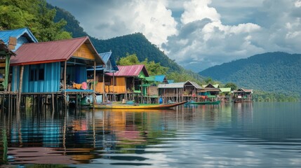 Fototapeta premium Colorful Stilt Houses on a Calm Lake