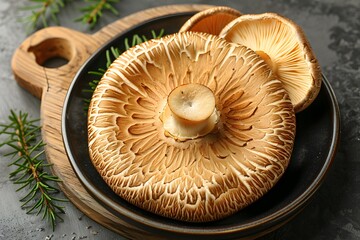 Close-Up of Fresh Portobello Mushrooms on Rustic Wooden Board